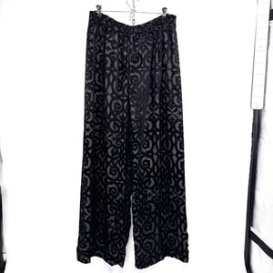 Emanuel Ungaro Wide Leg Pants Sz L Black Velvet Palazzo Semi Sheer Flowy Nylon*